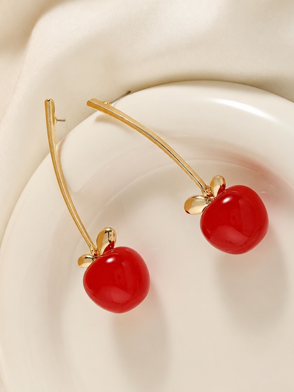 Gold tone Cherry Drop Earrings - Red Cherry Design